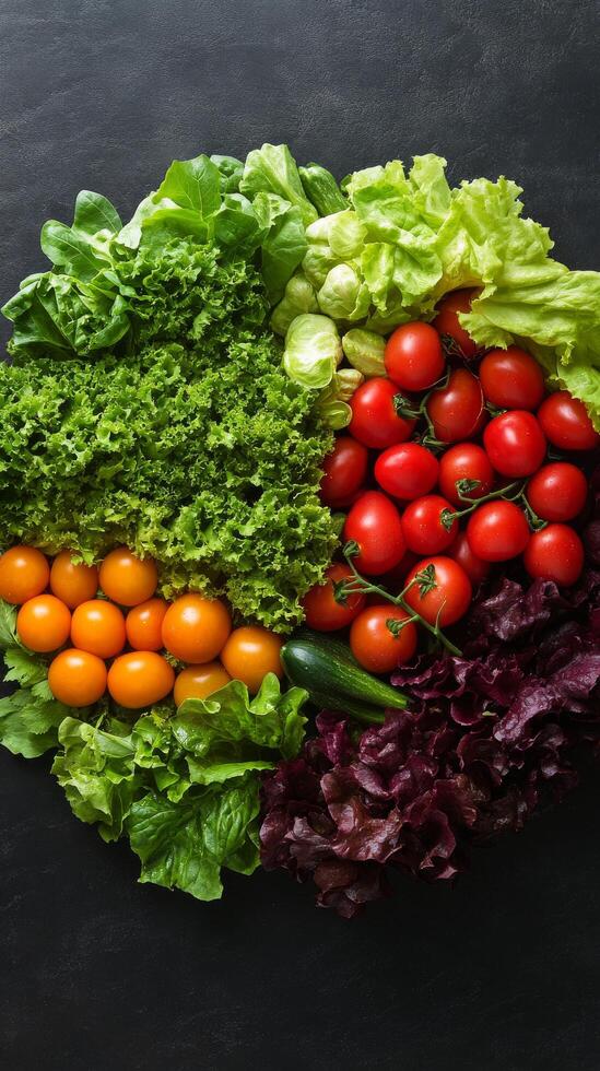 Fresh vegetables arranged in a circular pattern on a dark background showcasing their vibrant colors photo