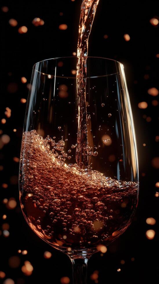 Pouring red wine into a glass with bubbles on a black background photo