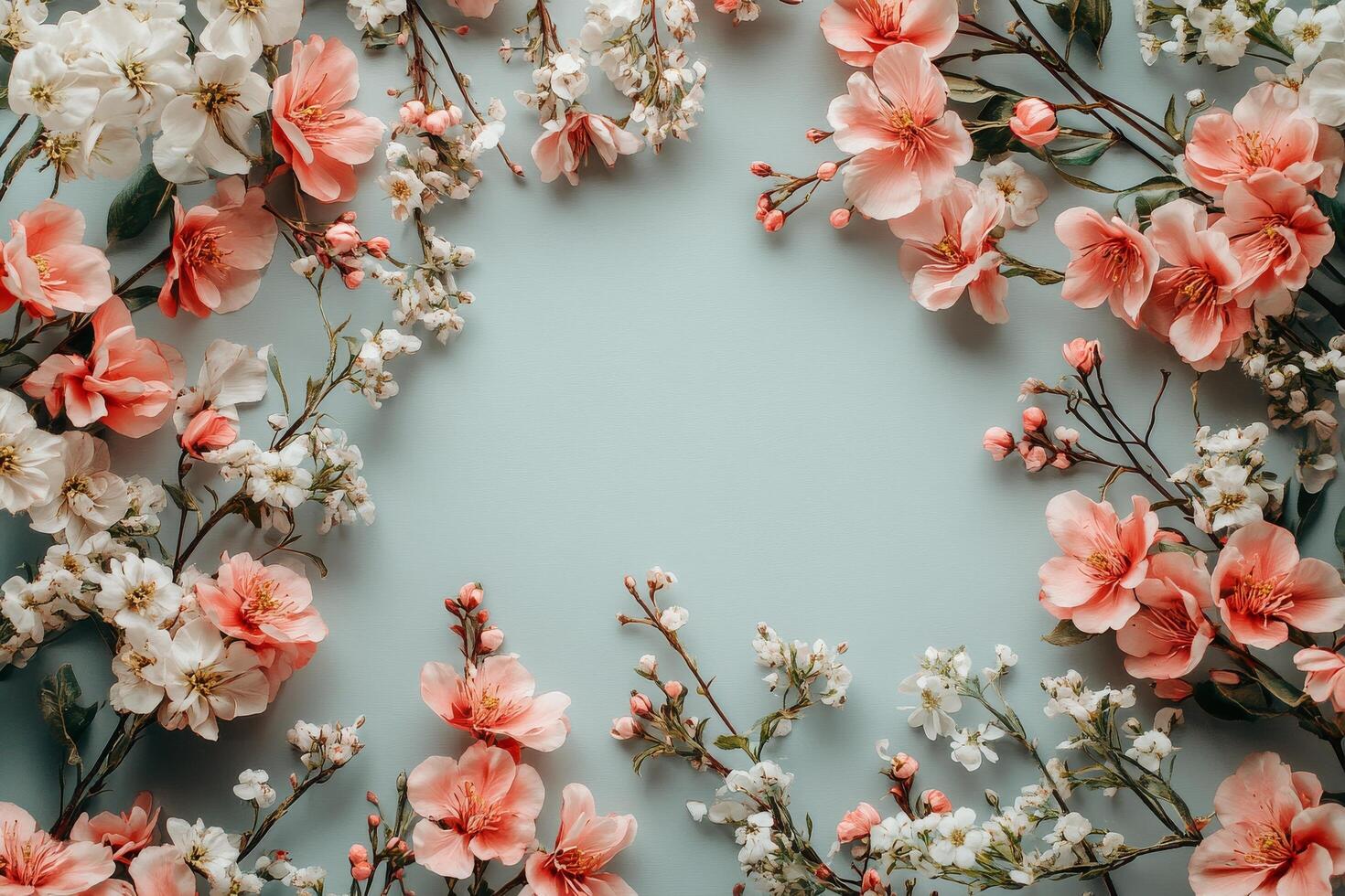 Delicate cherry blossoms and white flowers arranged in a circular frame on a soft blue background photo