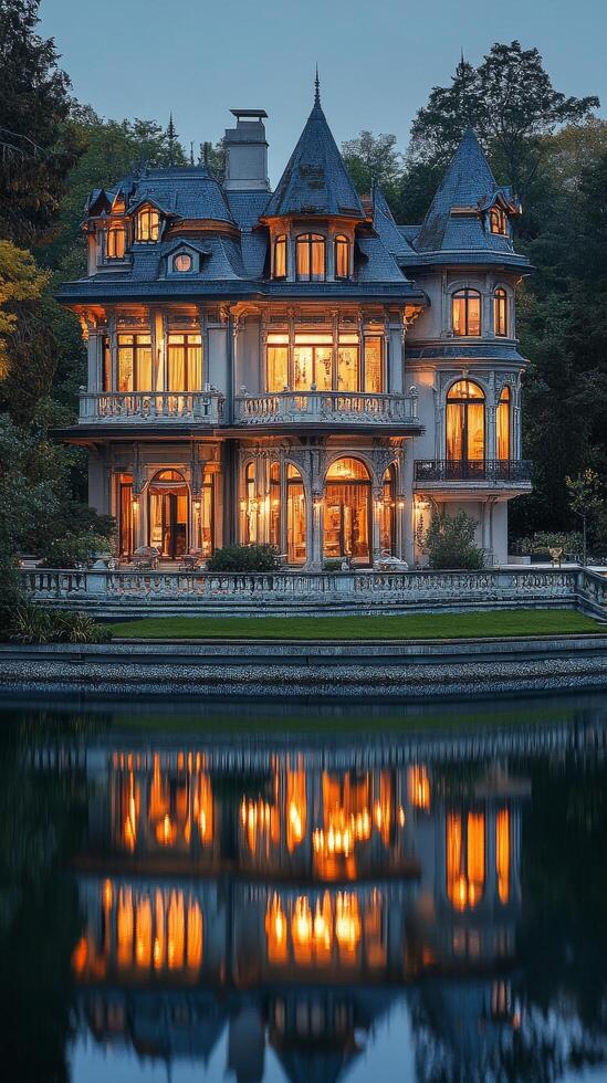 Historic mansion reflecting in calm waters surrounded by trees in autumn photo