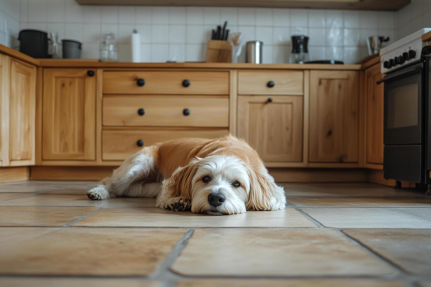 Relaxing dog in cozy kitchen with wooden cabinets and tiled floor photo
