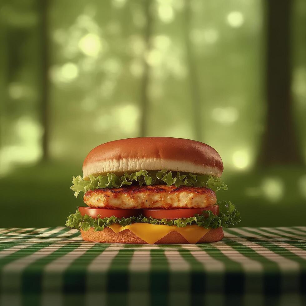 Grilled chicken sandwich with lettuce and tomato on checkered tablecloth in natural setting photo