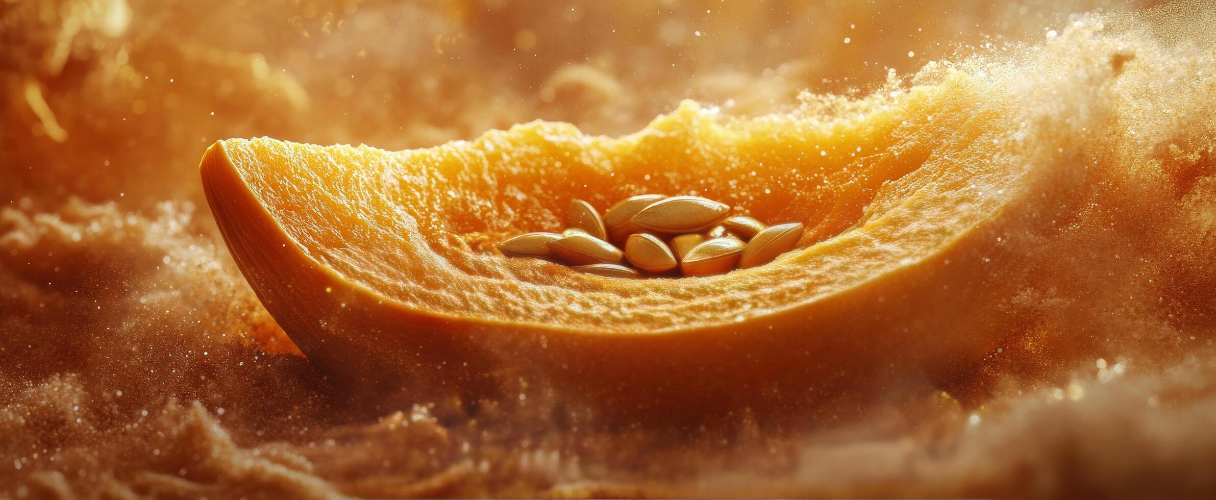 Bright orange slice of melon resting among soft golden textures during warm lighting photo