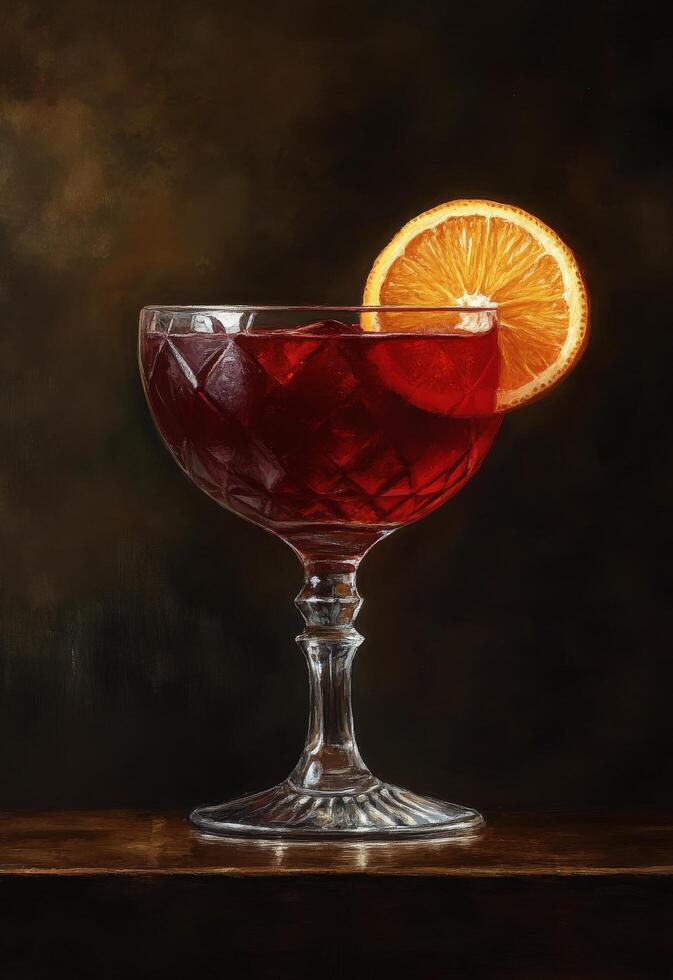 Elegant red cocktail with a slice of orange garnish in a glass photo