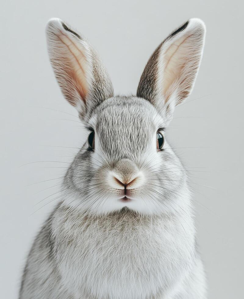 Cute gray rabbit with long ears posing against a plain background photo