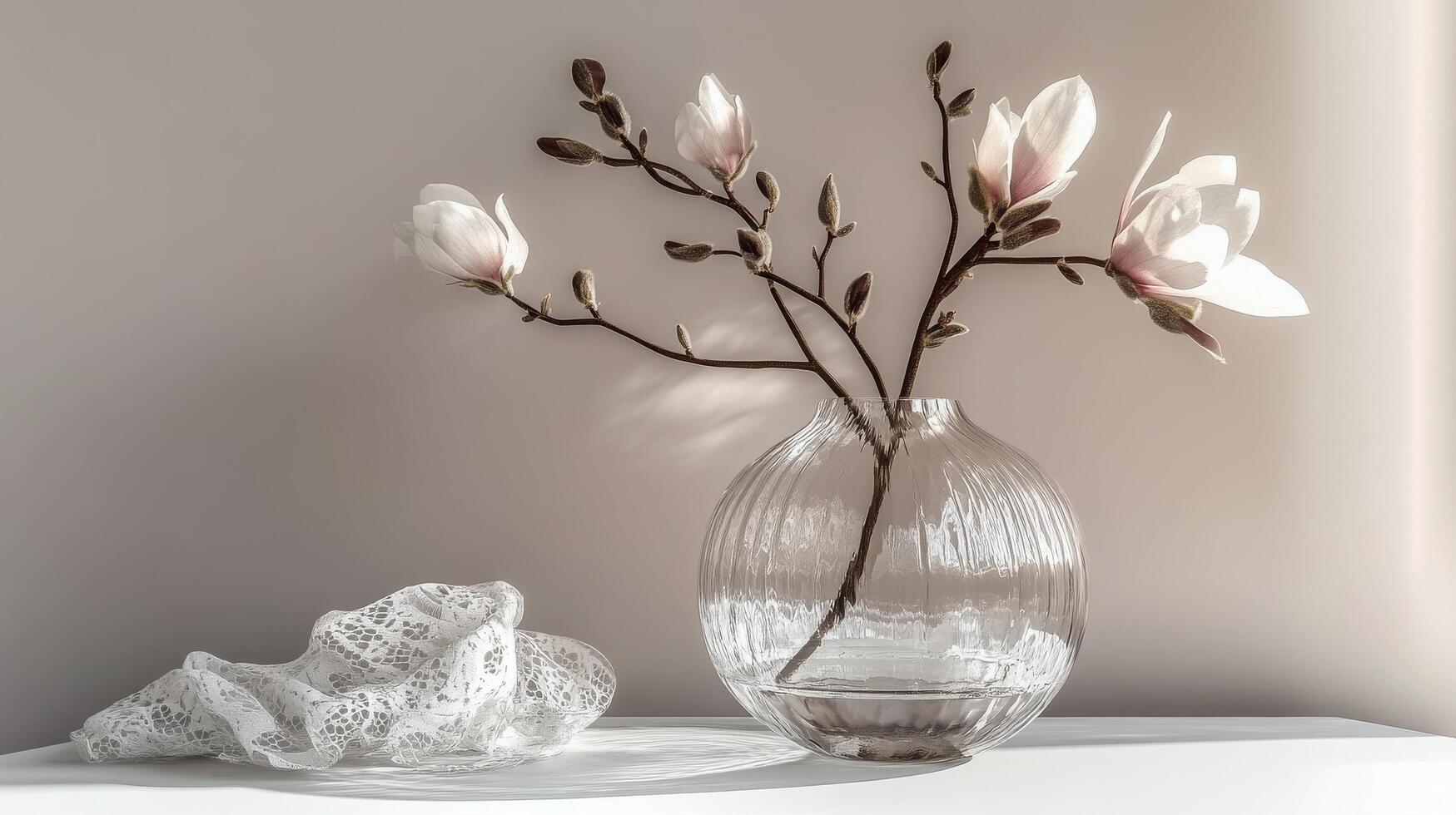 Delicate magnolia flowers in glass vase on a soft surface with gentle sunlight casting shadows photo