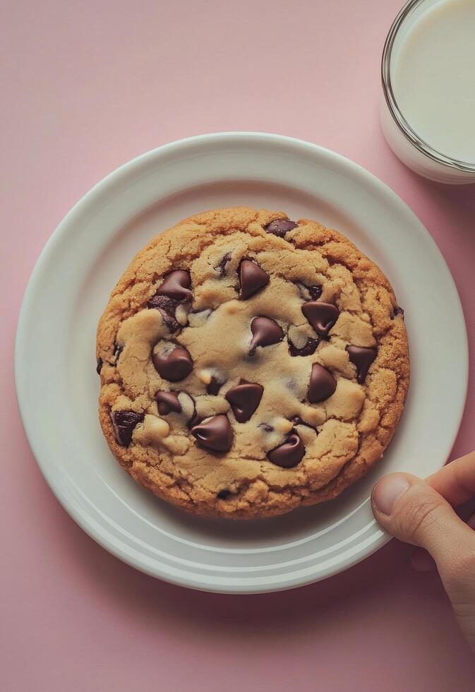 Delicious chocolate chip cookie on a white plate held above a glass of milk photo