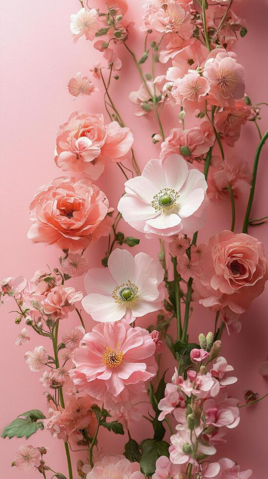 Bright pink floral arrangement showcasing various blooms in a soft pink background setting photo