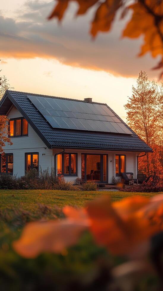 Beautiful stone house with solar panels and vibrant flower garden in sunny weather photo