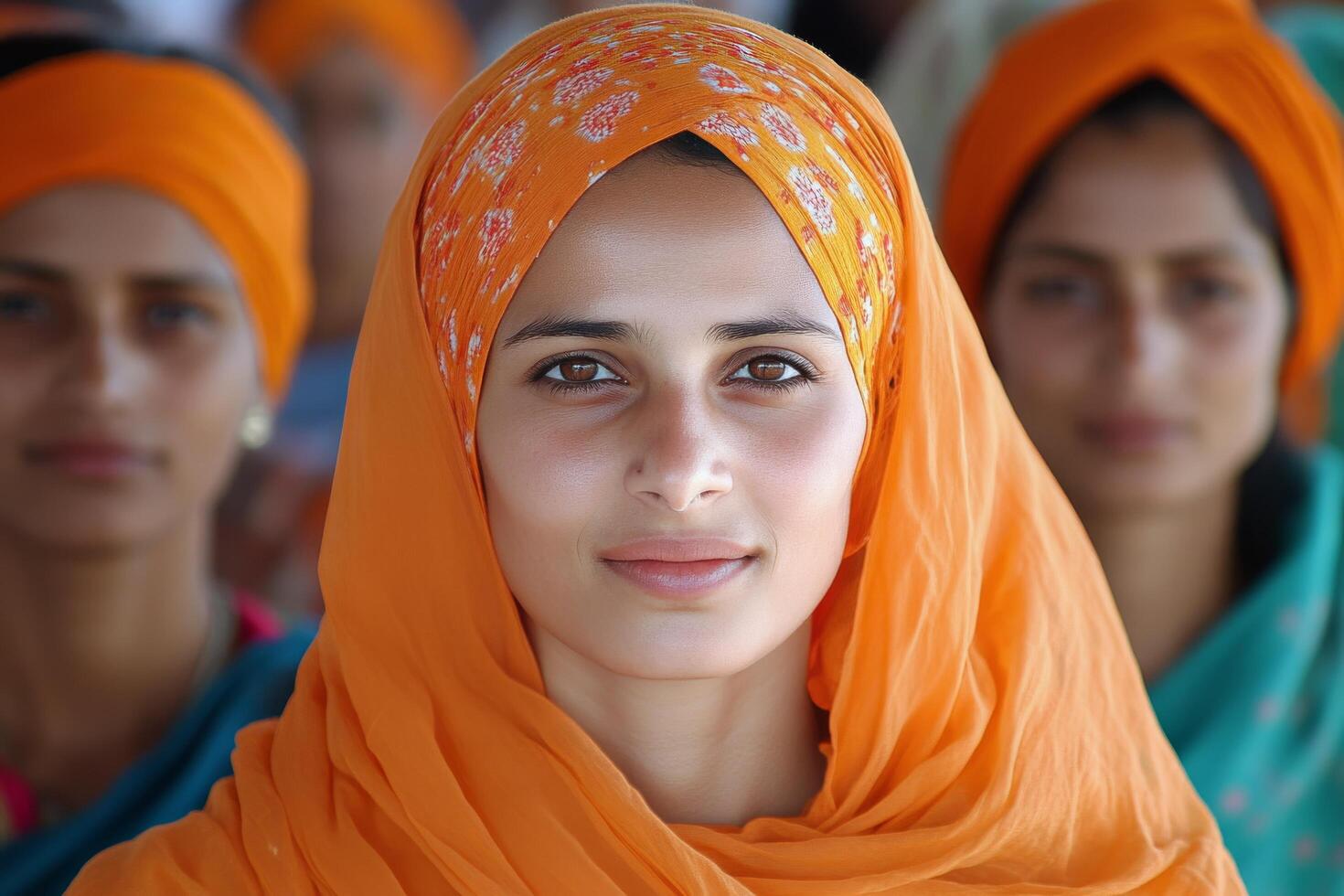 Women wearing orange turbans in a serene outdoor setting during the day photo