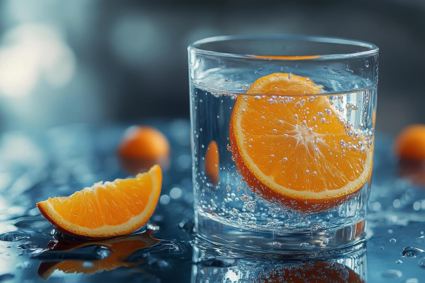 Refreshing citrus drink with orange slices in clear sparkling water on a reflective surface photo