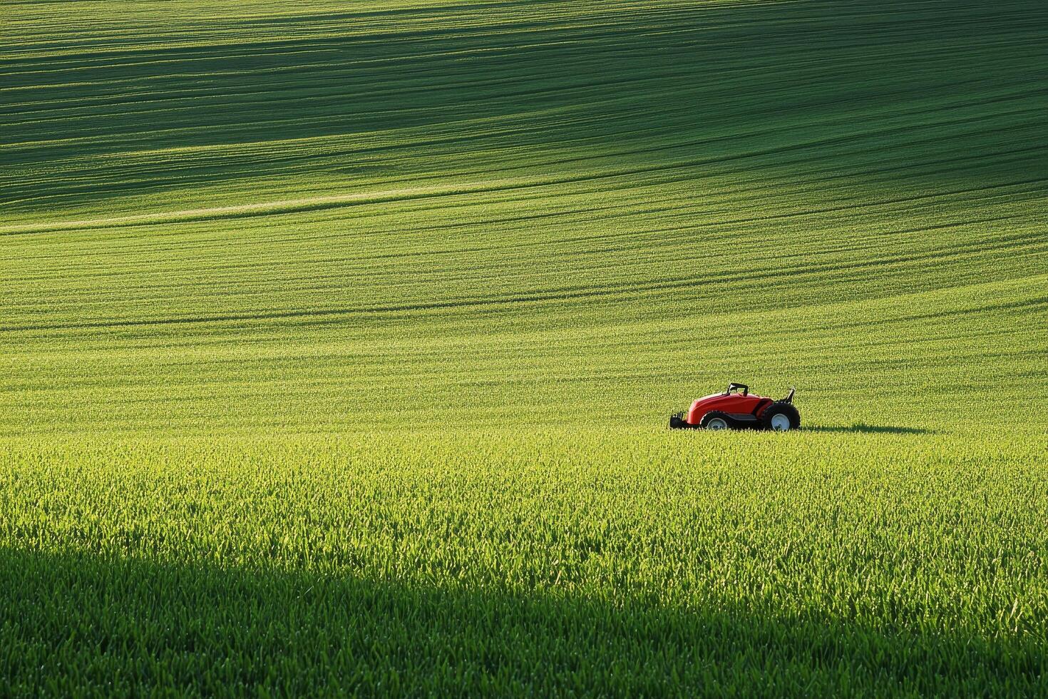 Lawn mower resting in a lush green field under soft morning light photo