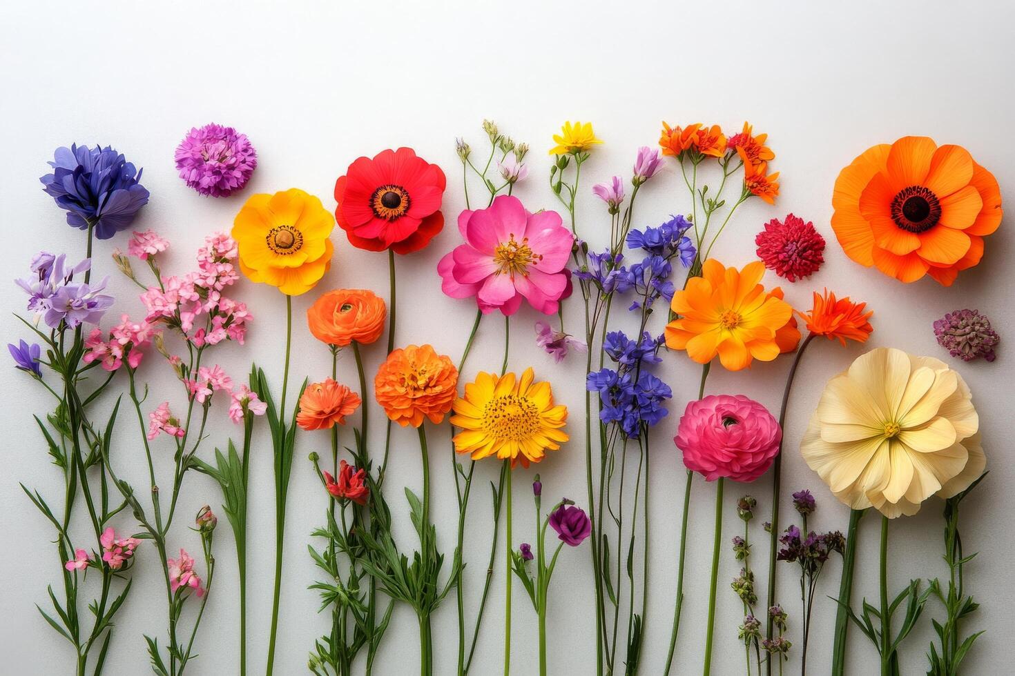 Colorful array of fresh flowers arranged neatly on a white background photo