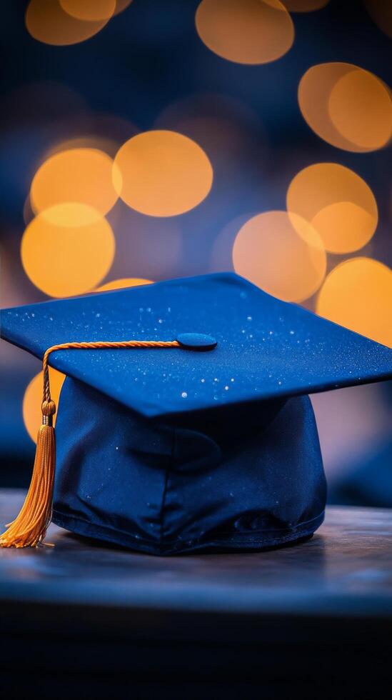 Graduation cap on wooden table with blurred background showcasing autumn colors photo
