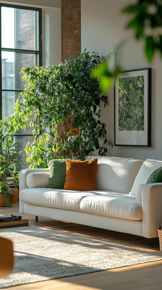 Cozy living room with green plants and comfortable white sofa in bright natural light photo
