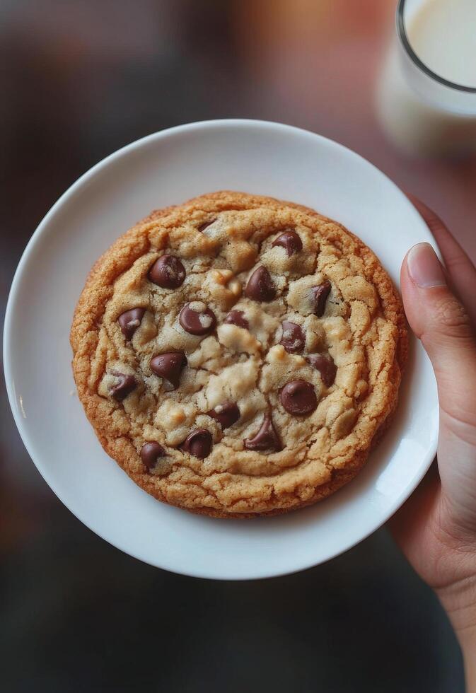 Delicious chocolate chip cookie on a white plate held above a glass of milk photo