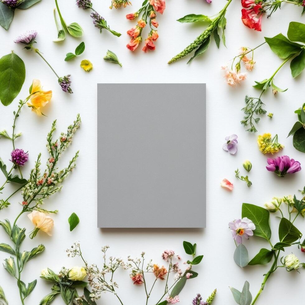 Beautiful arrangement of fresh flowers surrounding a blank card on a light background photo
