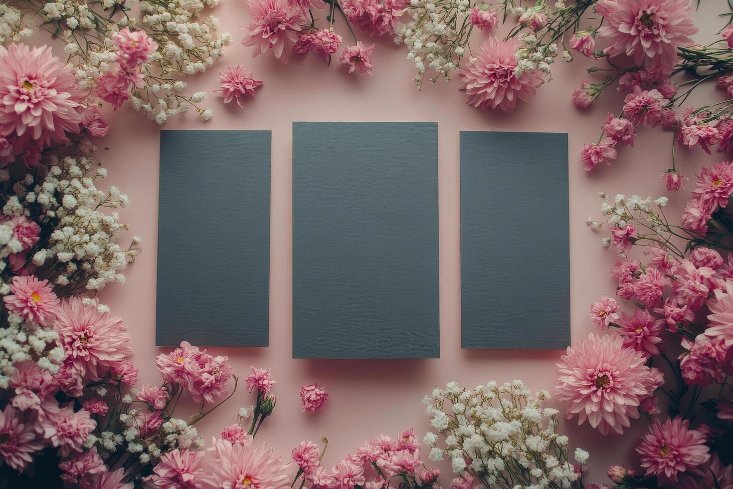Delicate cherry blossoms and white flowers arranged in a circular frame on a soft blue background photo