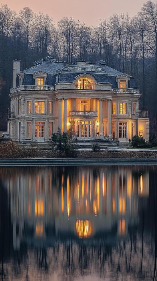 Historic mansion reflecting in calm waters surrounded by trees in autumn photo