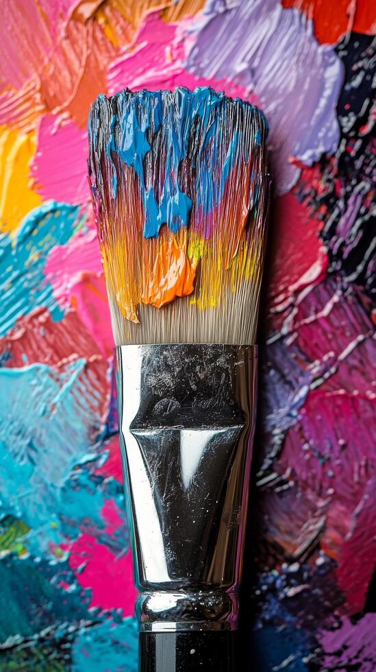 Vibrant brush resting on colorful paint palette showcasing artistic creativity and texture photo