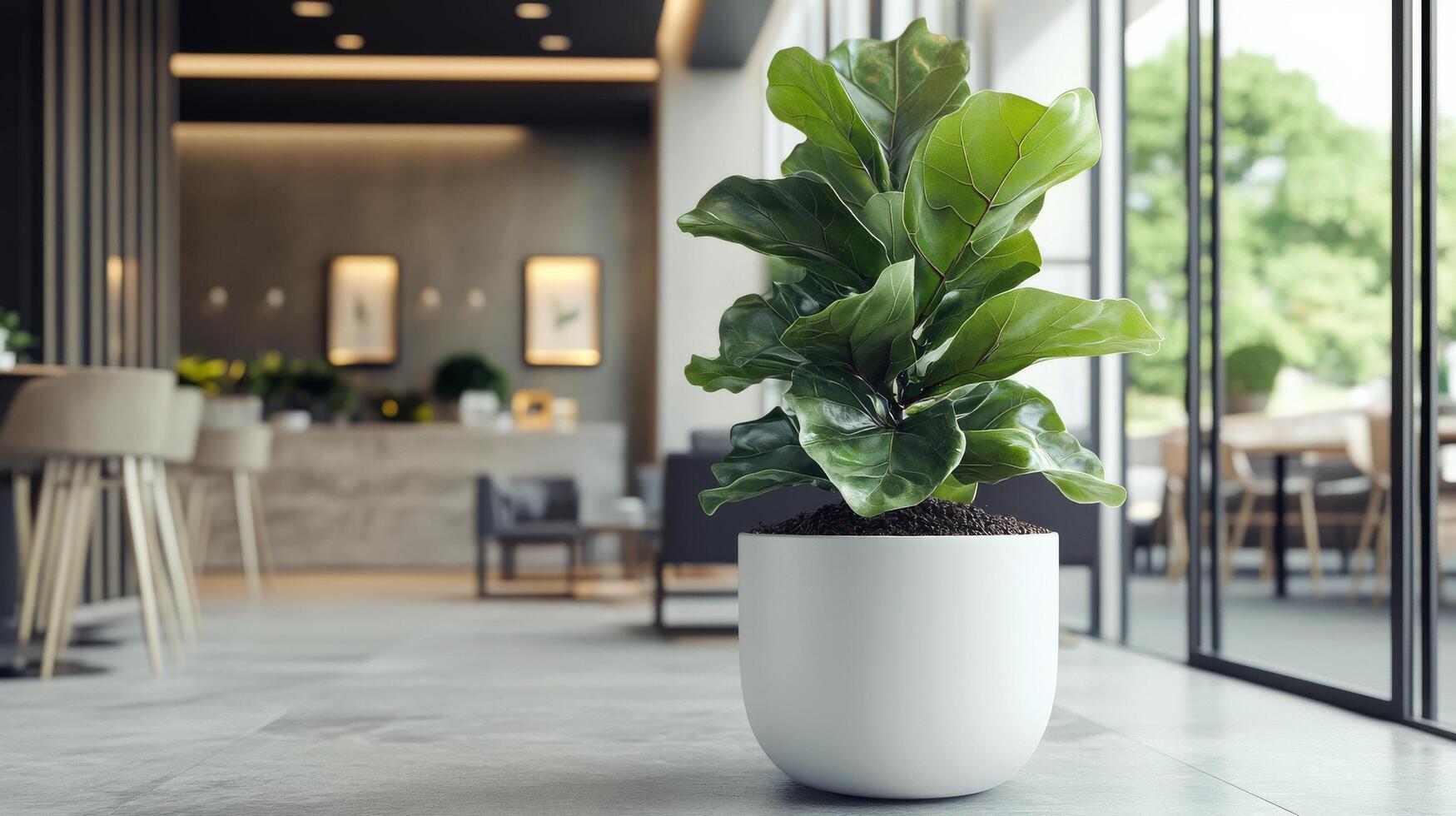 Indoor plant decor enhances modern caf ambiance with natural touch photo