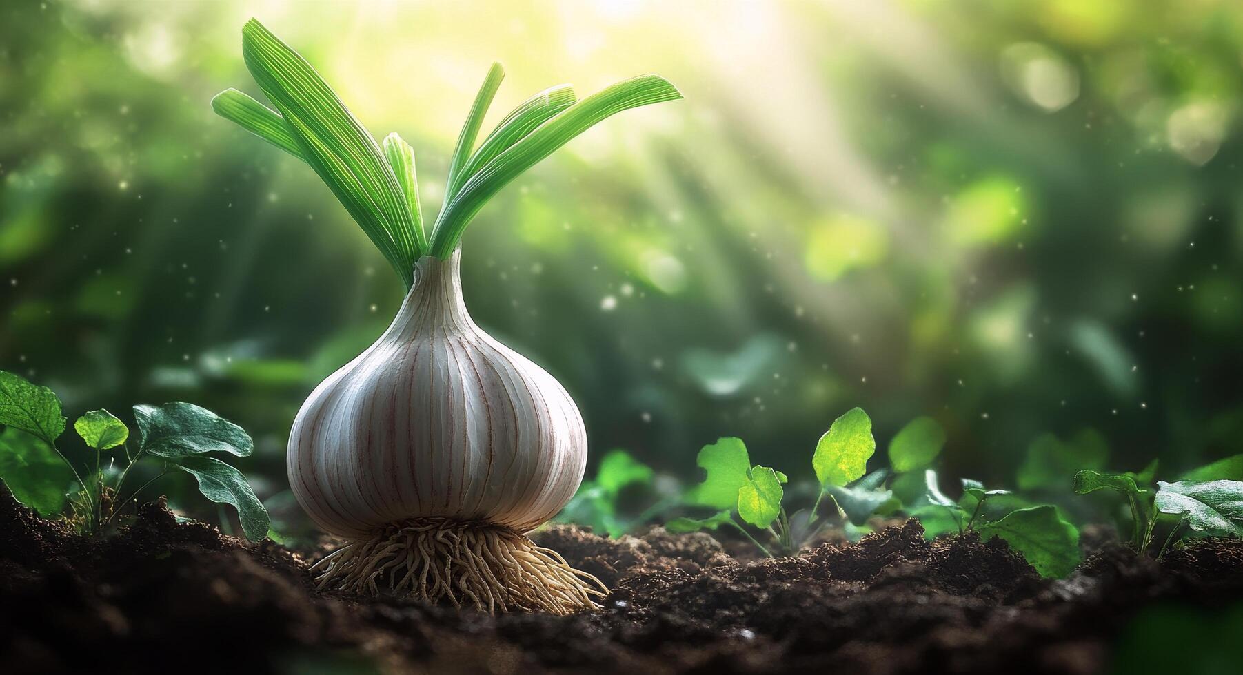Fresh garlic plant growing in soil under warm sunlight in a garden photo