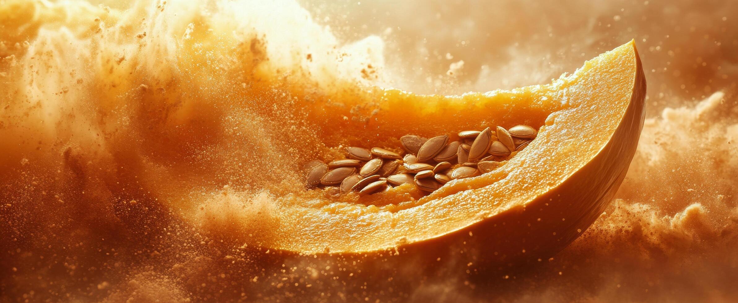 Bright orange slice of melon resting among soft golden textures during warm lighting photo