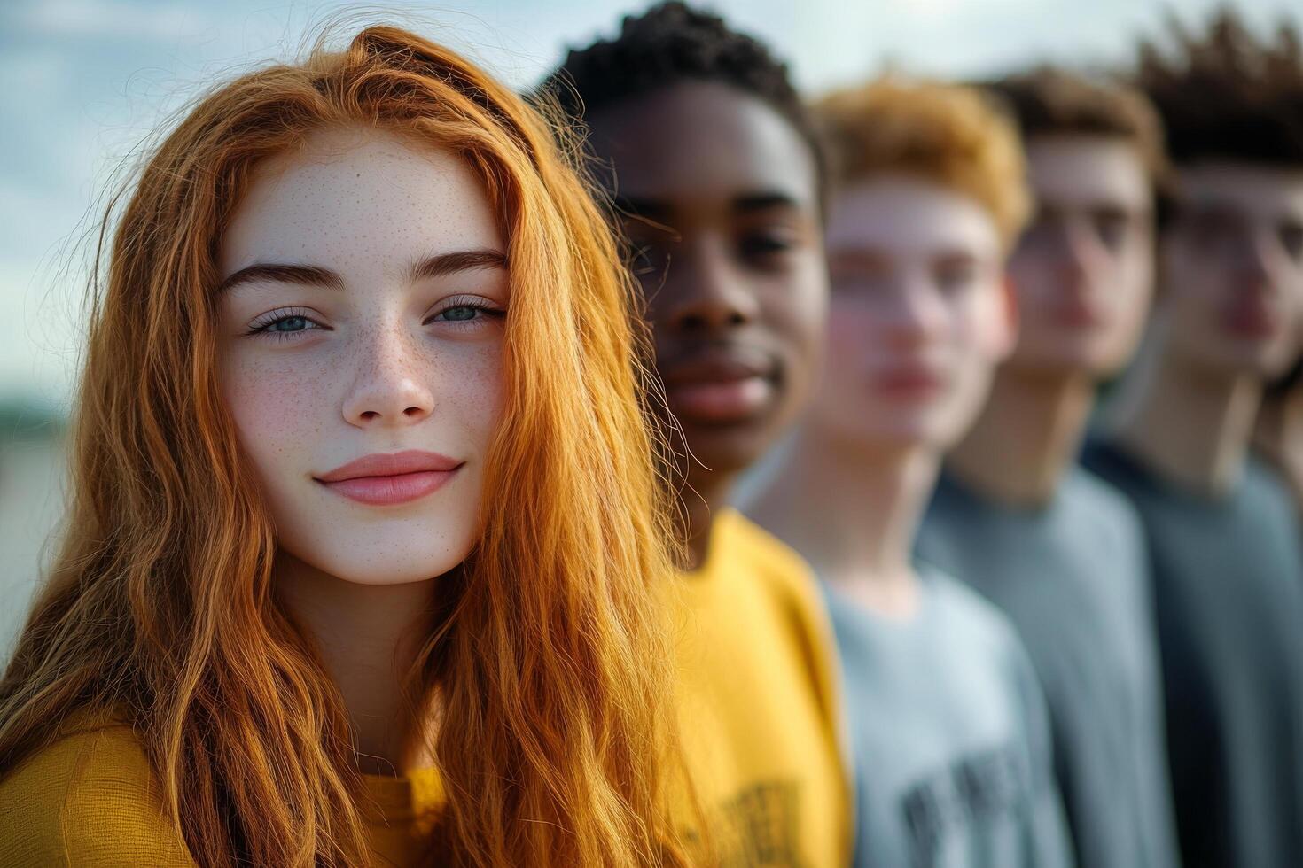 Group of diverse young people posing in urban setting during the day photo