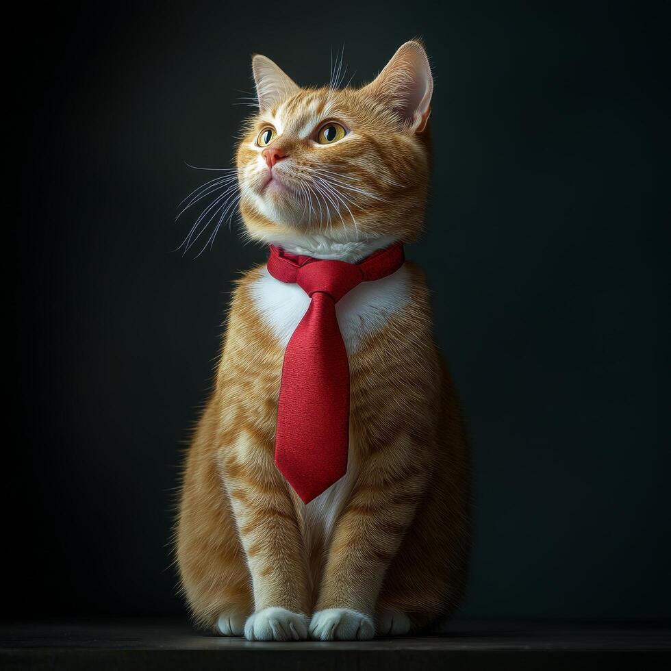 Cat dressed in a red tie poses elegantly against a dark background in a studio setting photo