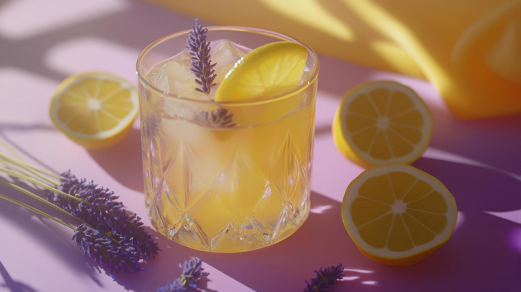 Refreshing lavender lemonade in a glass with lemon slices and lavender sprigs on a vibrant background photo