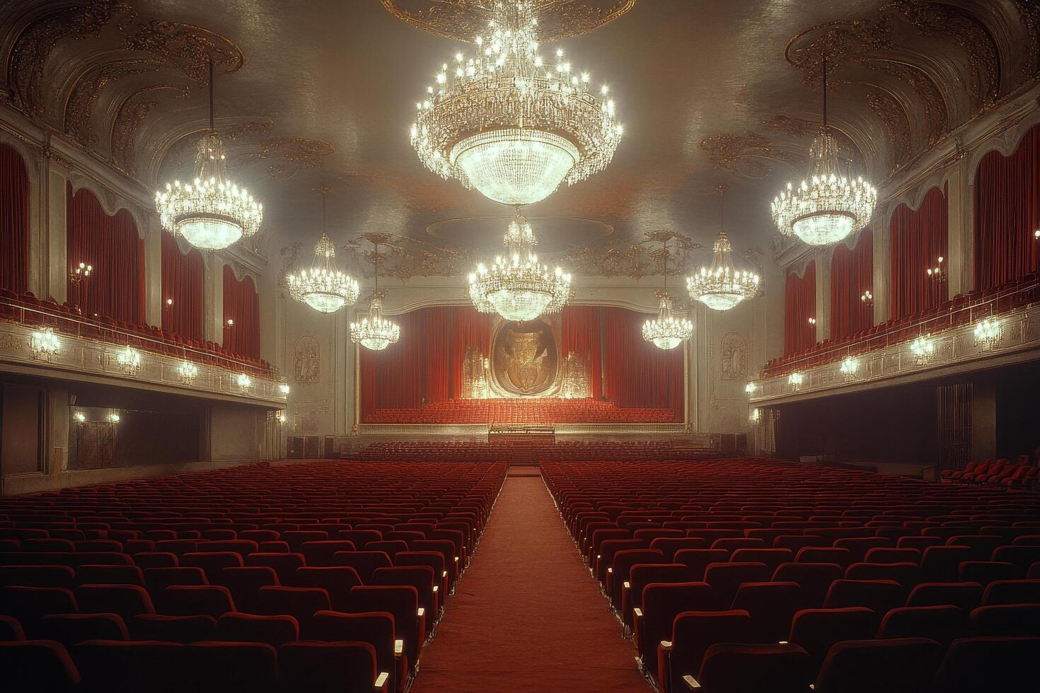 Elegant theater interior showcasing chandeliers and plush seating in a grand setting photo