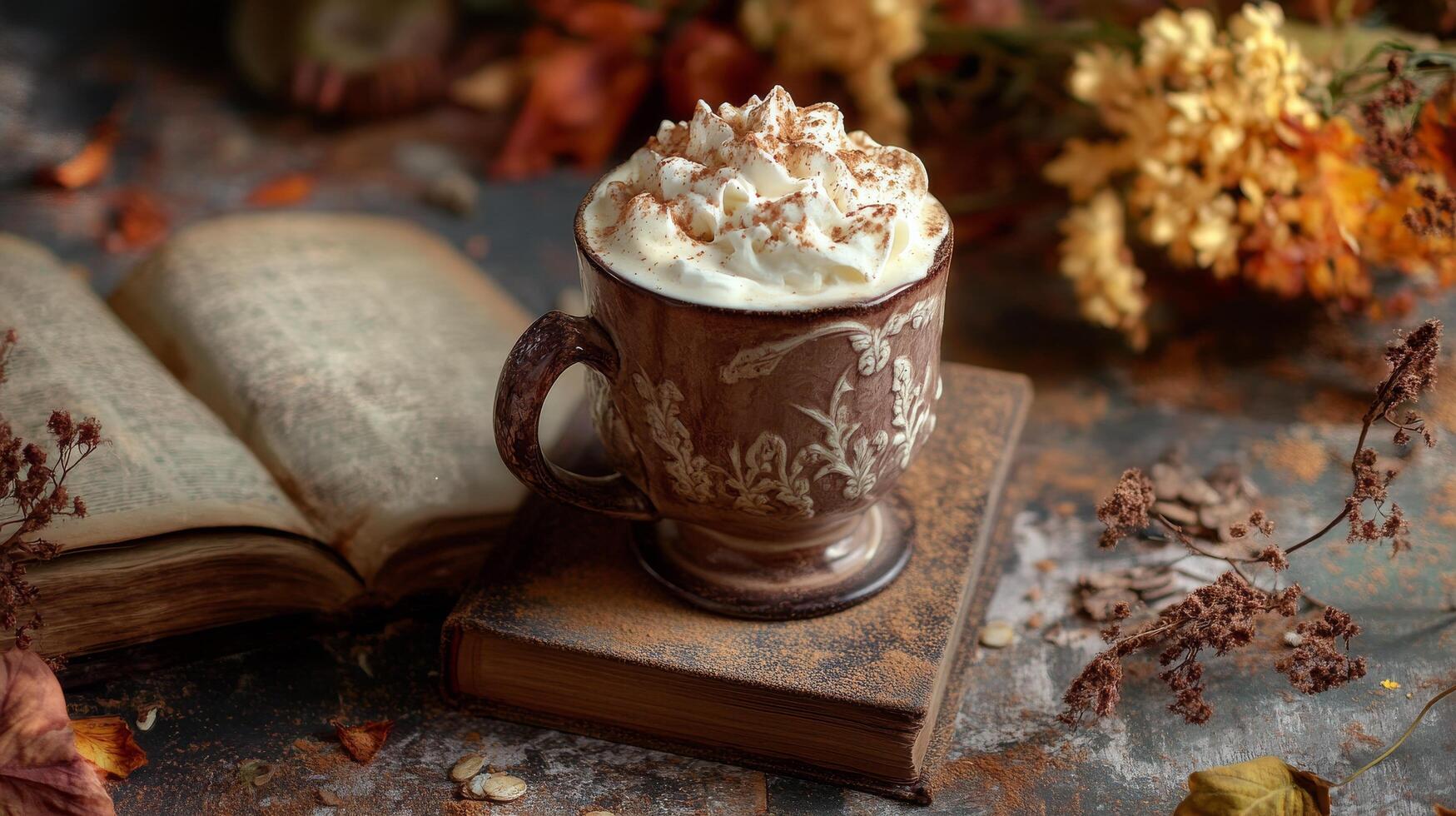 Warm coffee with whipped cream on a rustic book in a cozy autumn setting photo