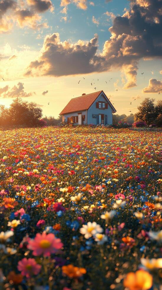 Beautiful blue house surrounded by vibrant wildflowers at sunset in a serene countryside photo