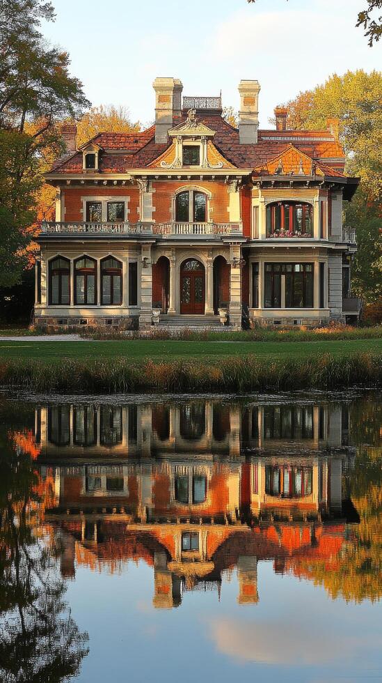 Historic mansion reflecting in calm waters surrounded by trees in autumn photo