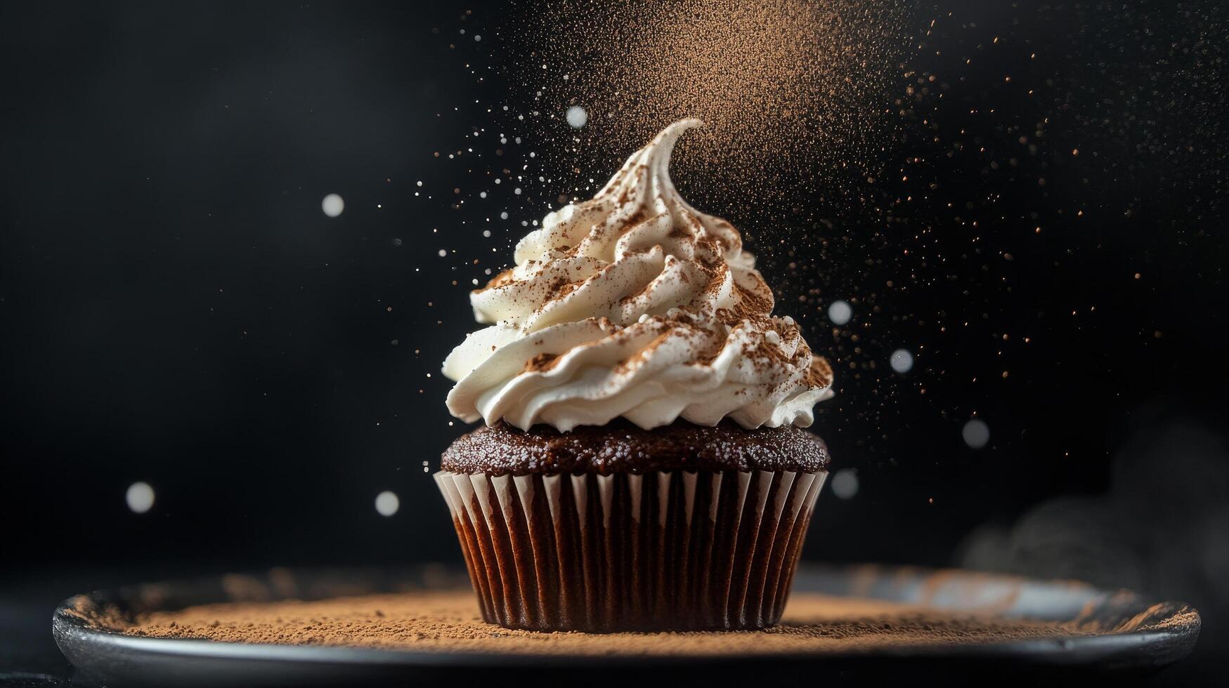 Decadent chocolate cupcake with frosting and cocoa powder dusting in dimly lit kitchen photo