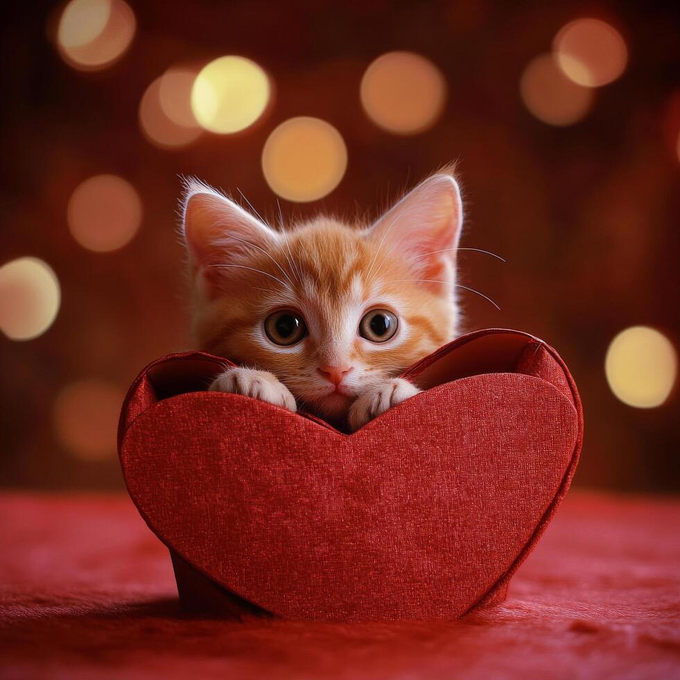 Cute orange kitten in a heart-shaped box with soft glowing lights during festive celebration photo