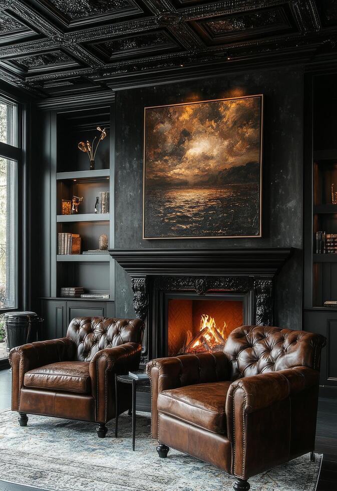 Elegant lounge with cozy fireplace and comfortable leather chairs in a dimly lit setting photo