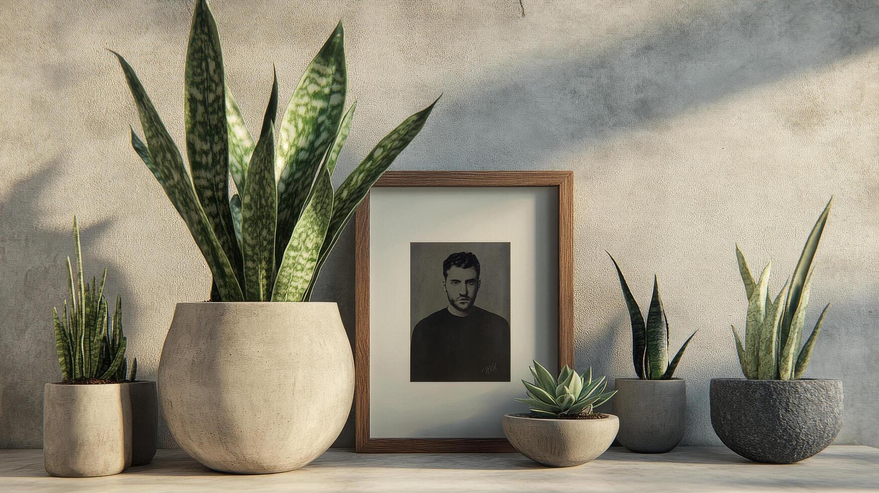 Indoor plants in natural light with framed picture on shelf in cozy room photo