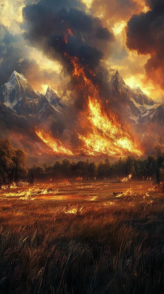 Wildfires rage across mountains, transforming landscape with fire and smoke at sunset photo