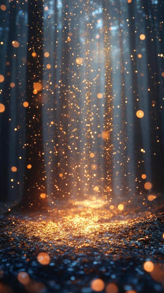 Magical sunlight filtering through trees, creating a sparkling atmosphere in the forest photo