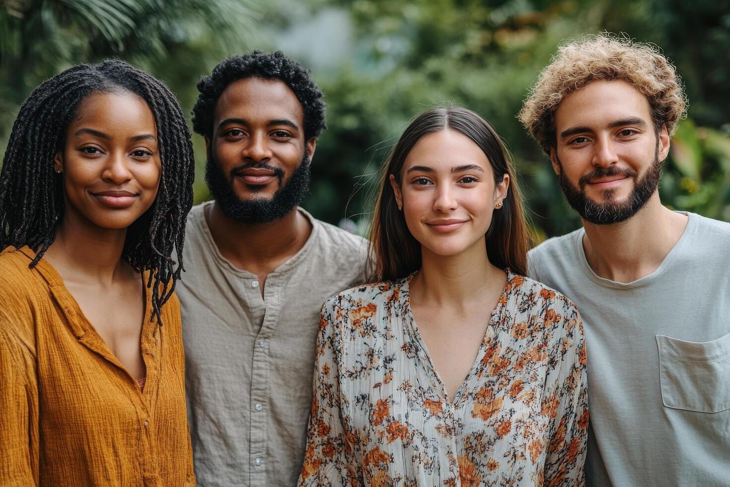Diverse group of friends standing together outdoors in natural light with smiles on their faces photo