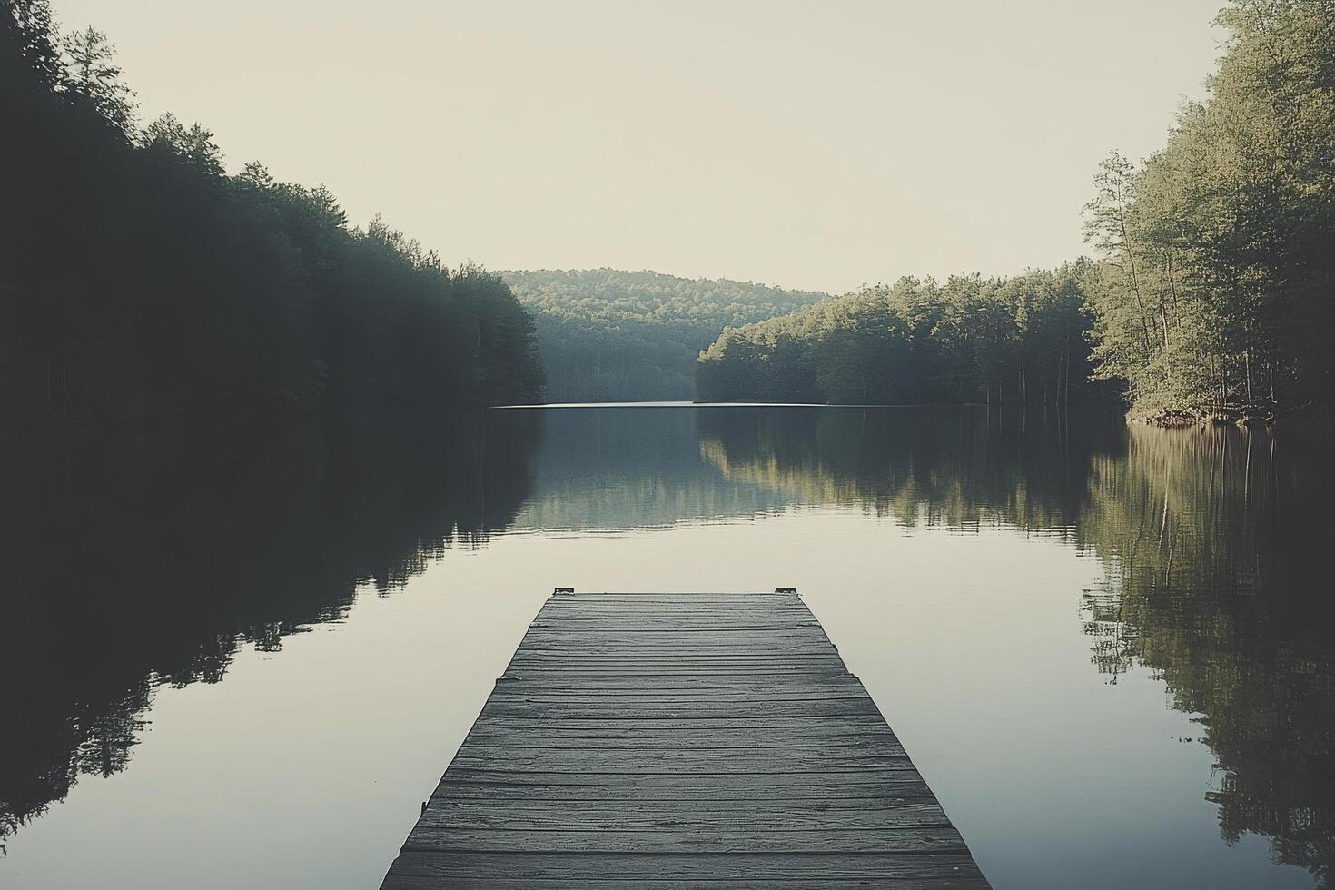 Tranquil wooden dock extending into calm lake surrounded by misty trees at dawn photo
