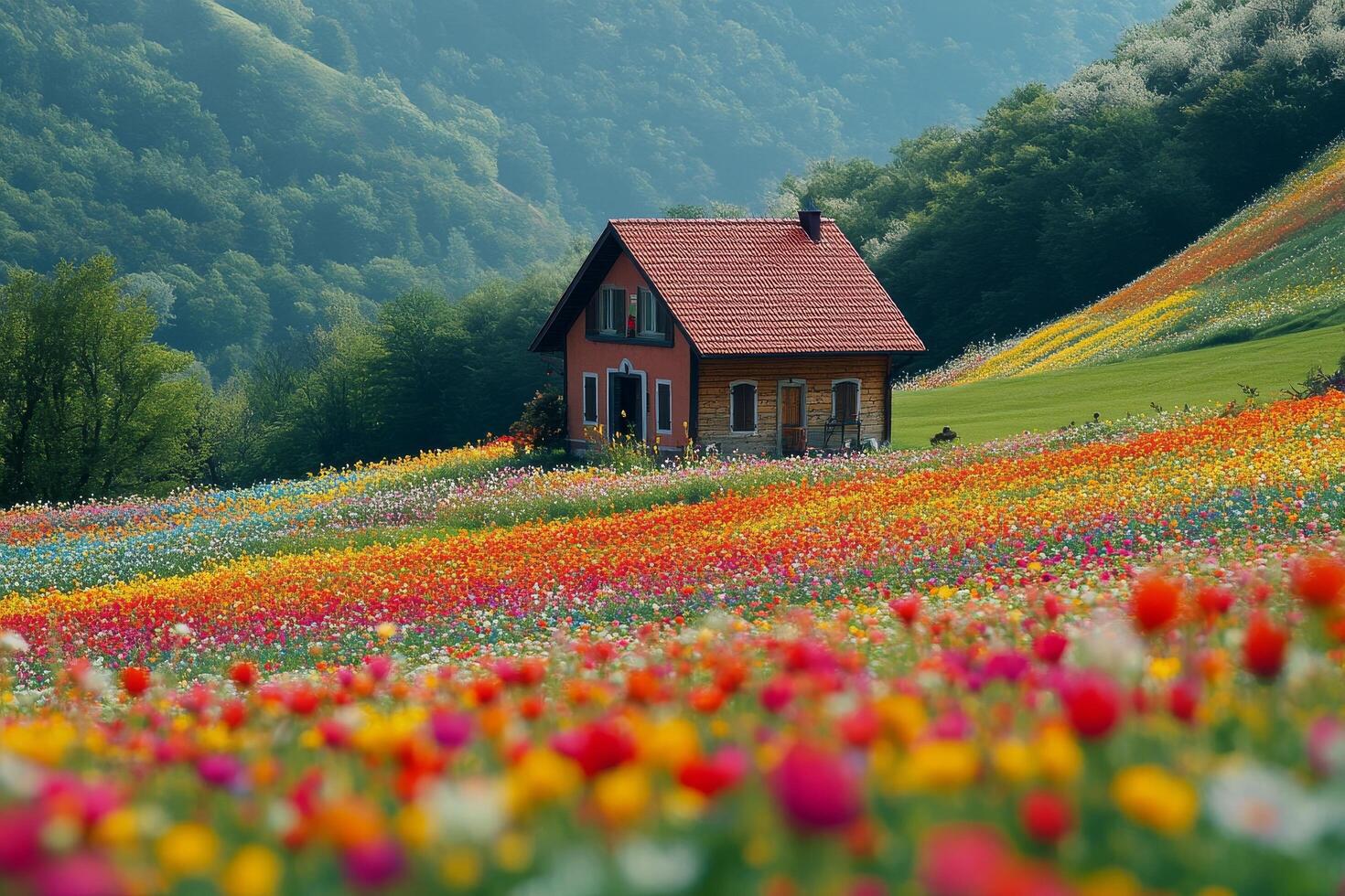 Colorful spring field with a charming house in a picturesque valley photo