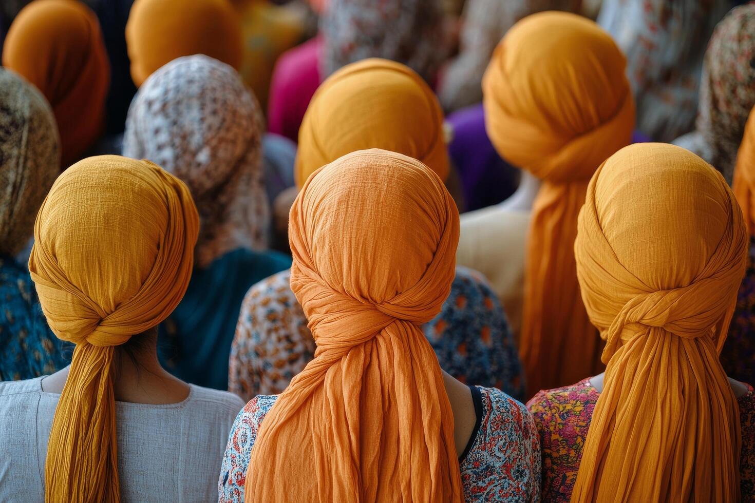 Women wearing orange turbans in a serene outdoor setting during the day photo