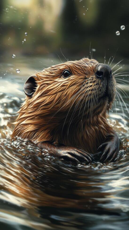 Beaver swimming in a serene forest pond during autumn season photo