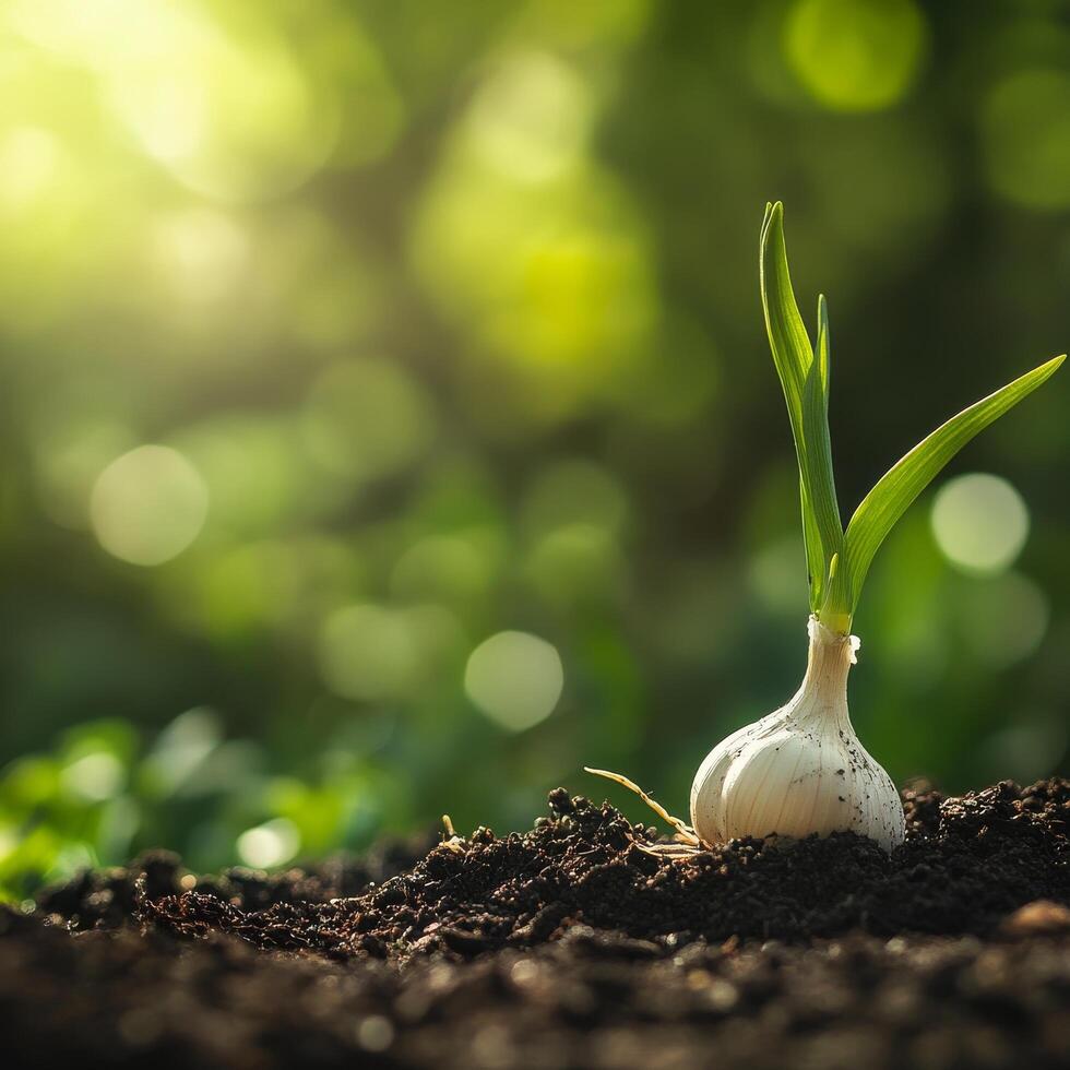 Fresh green onion sprouts growing in rich soil under warm sunlight in a garden photo