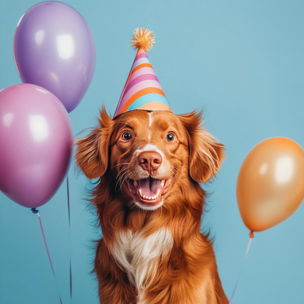 Happy dog celebrating a birthday with colorful balloons against a bright blue background photo