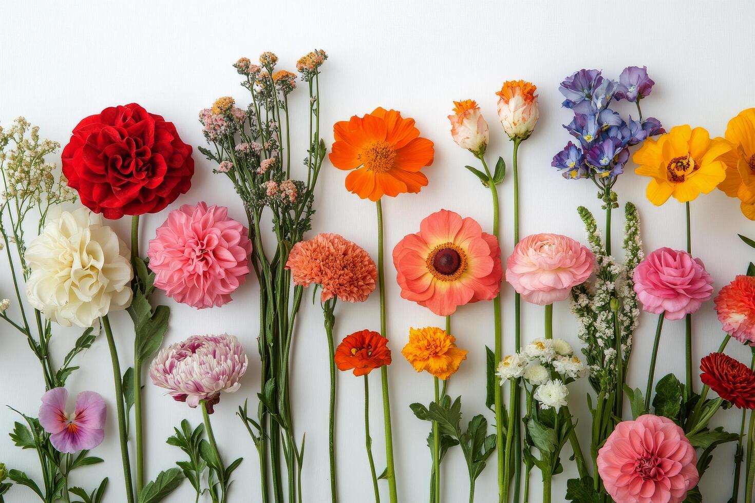 Colorful array of fresh flowers arranged neatly on a white background photo