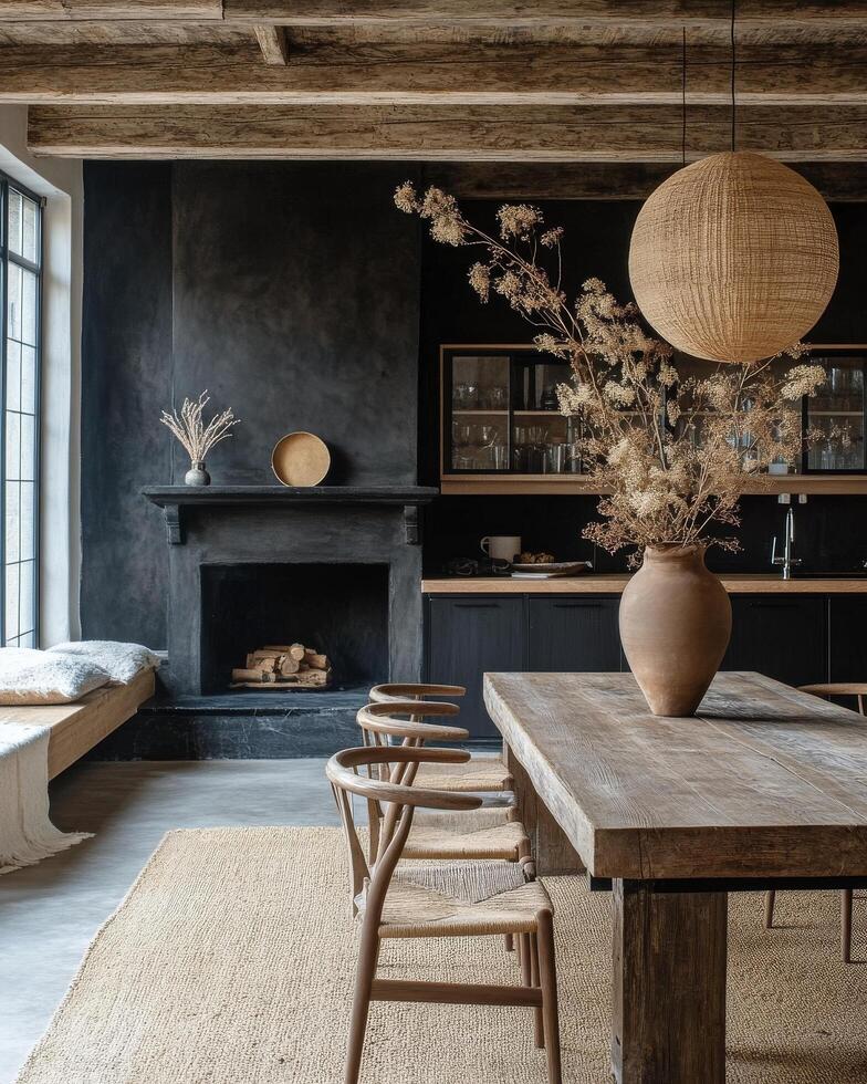 Warm and inviting interior with rustic decor and minimalistic design elements in a cozy kitchen space photo