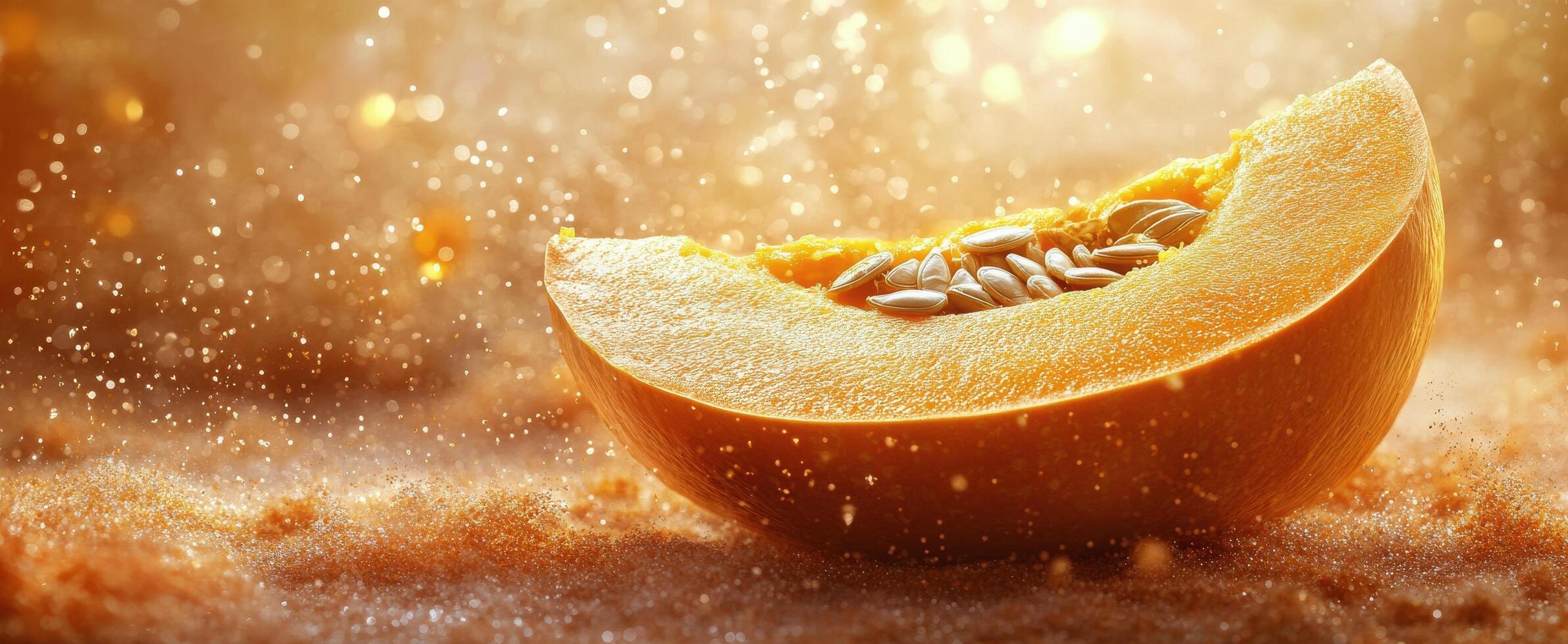 Bright orange slice of melon resting among soft golden textures during warm lighting photo